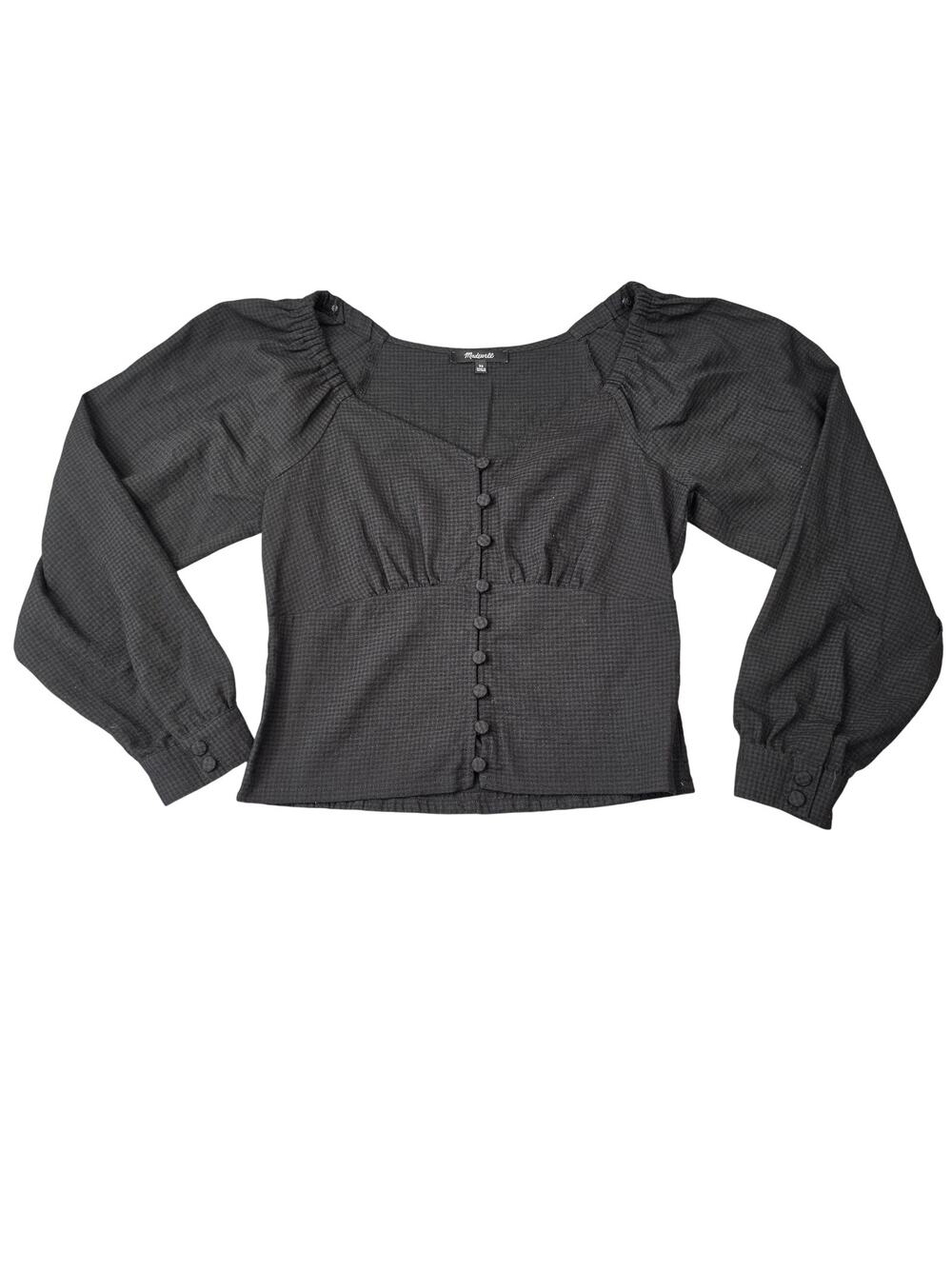 Madewell Blouse Womens XS Black Square Neck Button Front Puff Sleeve Cropped